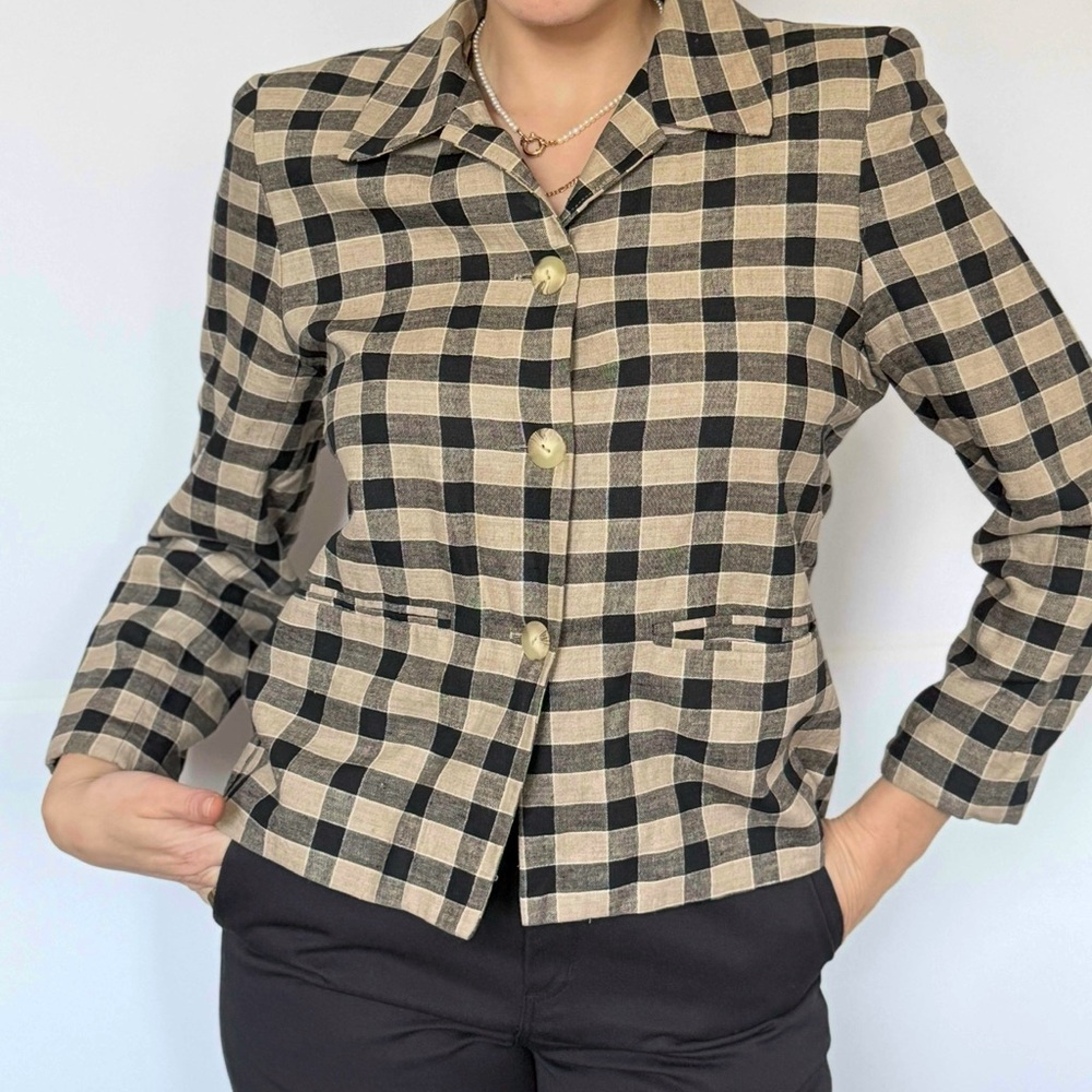 Paul Harris Design Women’s Black/Tan Linen Blend Plaid Button-Down Blazer